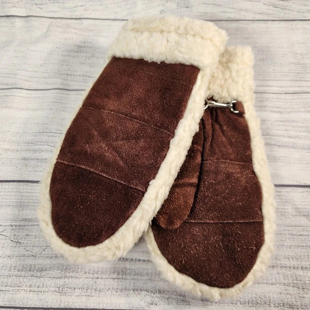Vintage Avon Brown Suede Mittens Genuine Leather Faux Shearling Trim One Size